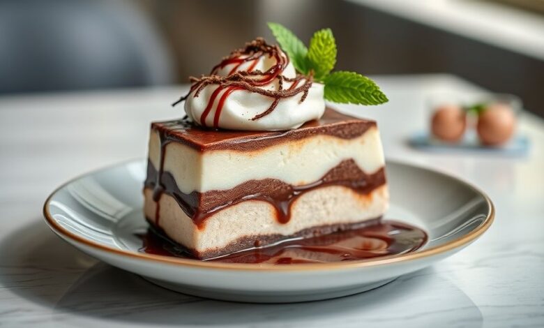 Sobremesa cremosa em camadas de chocolate, creme branco e cobertura aerada, servida em refratário de vidro