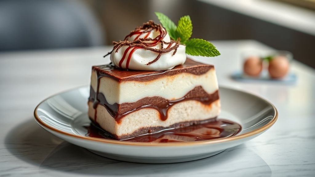 Creme Marido Gelado pronto em camadas de chocolate e creme, sobremesa gelada e cremosa servida em refratário de vidro