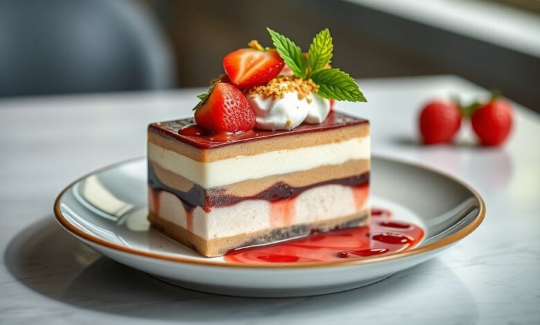 Sobremesa em camadas de creme branco, chocolate e cobertura aerada, servida em refratário elegante.