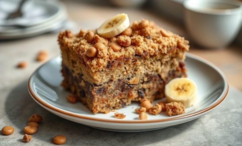 Cuca de banana com chocolate dourada, com farofa crocante e pedaços de banana e chocolate à mostra.