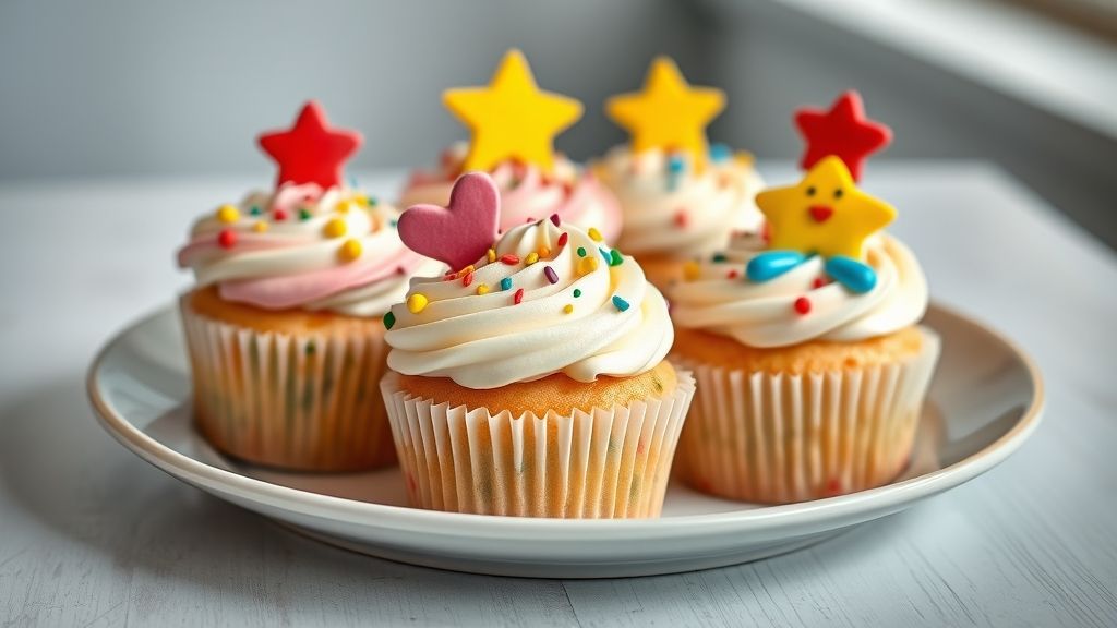 Cupcakes coloridos decorados com confeitos divertidos, perfeitos para Dia das Crianças com receitas fáceis e criativas.
