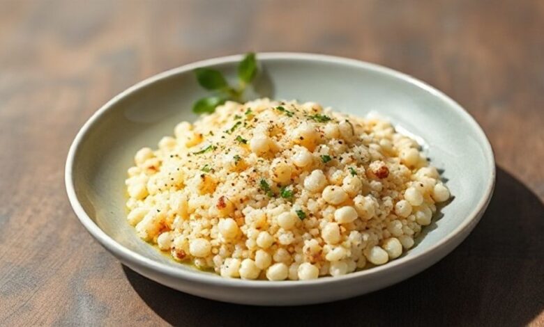 Sobremesa de cuscuz de tapioca com água, servida em pedaços e finalizada com coco ralado e leite condensado.