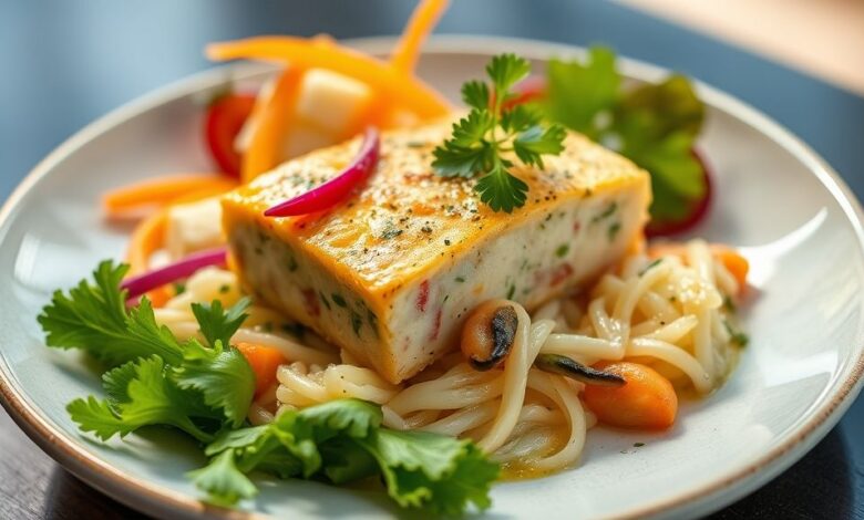 Cuscuz paulista de legumes decorado com ovos, azeitonas e pimentões, bem colorido e apetitoso.