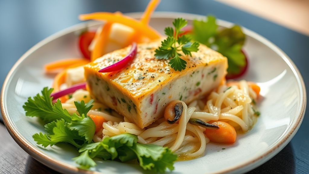 Cuscuz paulista de legumes colorido decorado com ovos e azeitonas, prato típico brasileiro servido pronto.