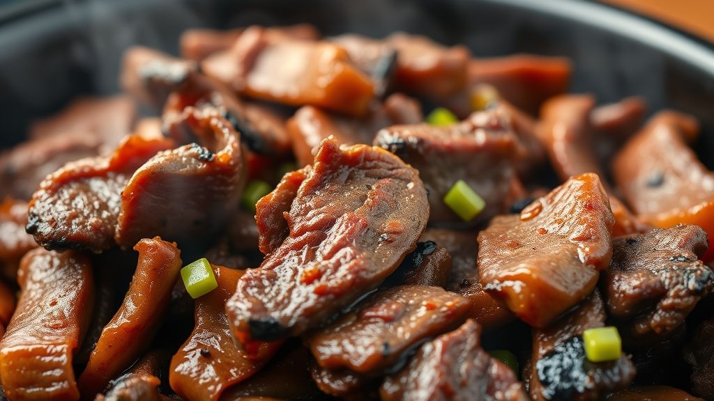 Close-up da carne pronta, suculenta e bem dourada, com cheiro-verde fresco.