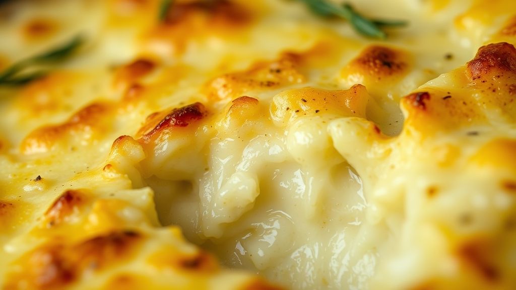Close-up de batata gratinada com queijo derretido e crosta dourada.