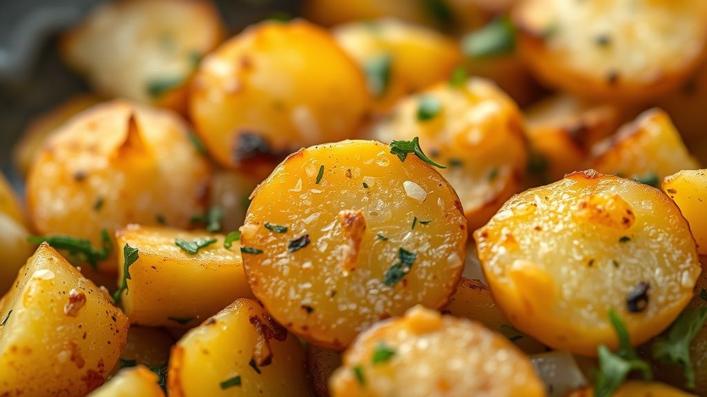 Close-up das batatas sauté mostrando crosta dourada e textura macia por dentro