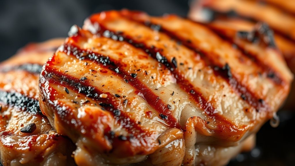 Close-up da bisteca suculenta mostrando a crosta dourada e a textura da carne