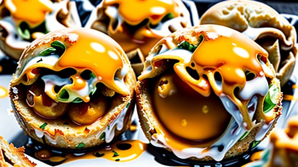 Close-up mostrando bolinha aberta com queijo derretido escorrendo e camada dourada crocante.