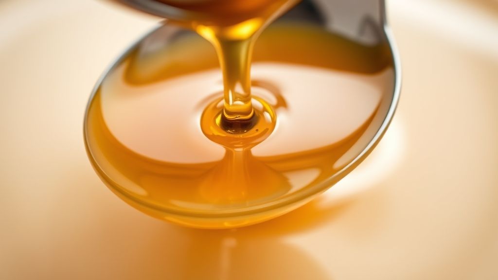 Close-up da calda transparente escorrendo de uma colher, destacando brilho e textura.