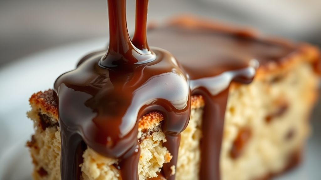 Close-up mostrando a calda de chocolate escorrendo sobre uma fatia de bolo.