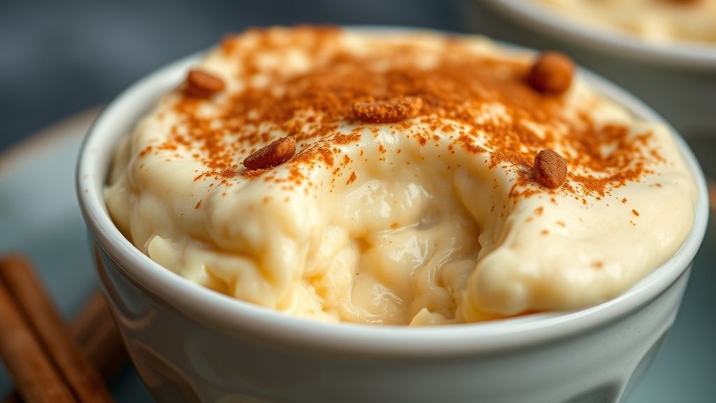 Close-up mostrando a textura cremosa com canela polvilhada e amendoim crocante por cima