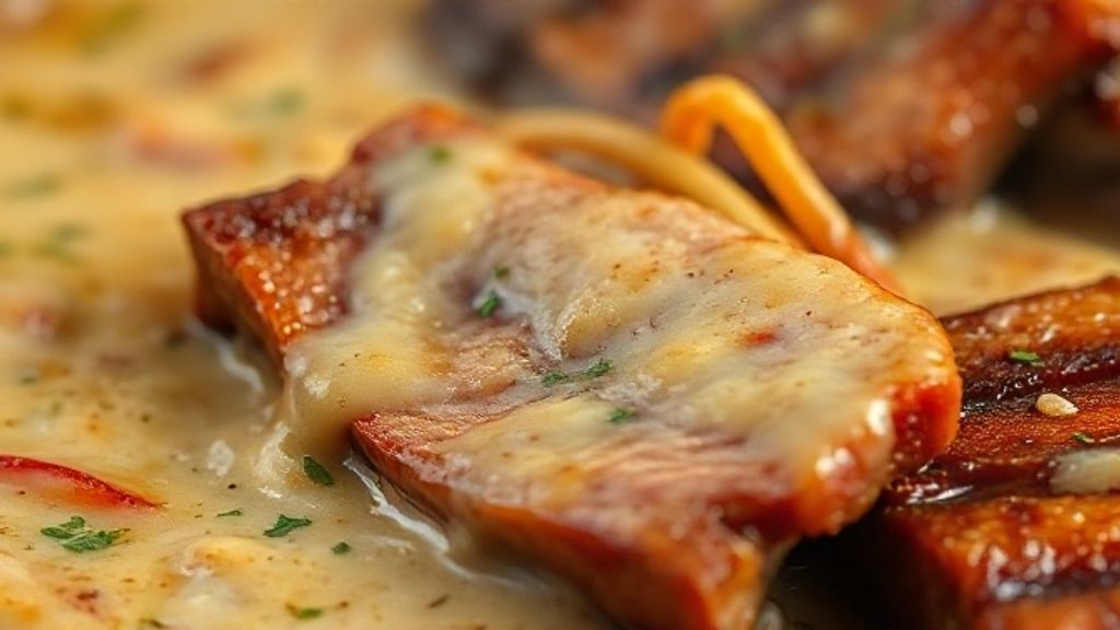 Close-up da canjiquinha cremosa com costelinha suína no topo, destacando textura e suculência.