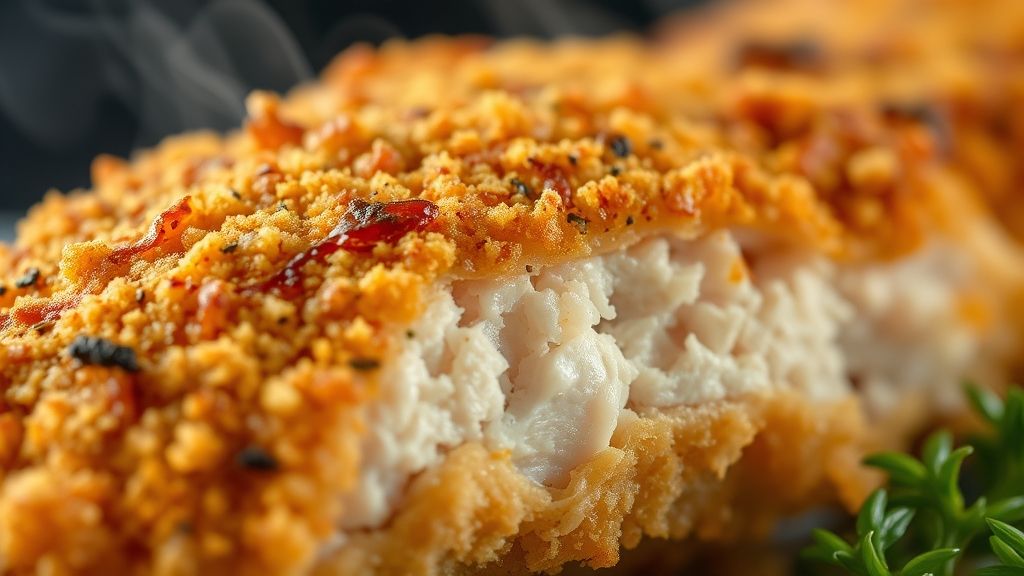 Close-up da carne de porco à milanesa, mostrando casquinha crocante e dourada com textura evidente.