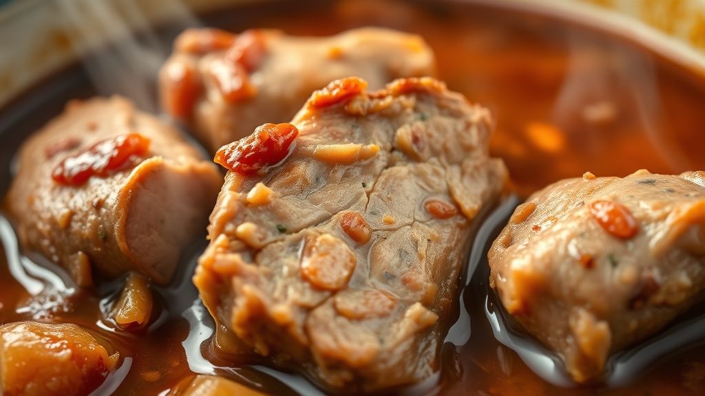 Close-up de um garfo soltando um cubo de carne macia coberta de molho encorpado
