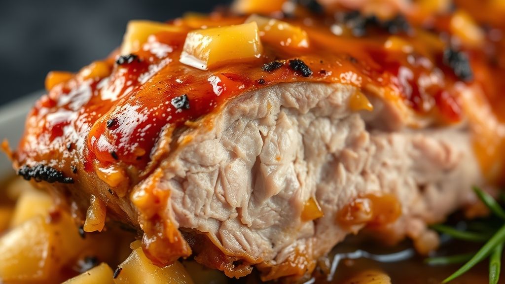 Close-up do prato pronto, carne de porco fatiada com molho brilhante de abacaxi por cima.