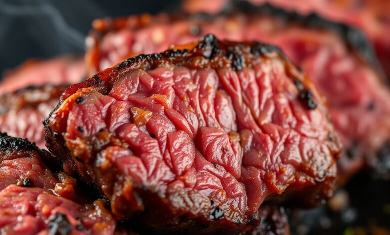 Close-up de corte de carne de segunda pronto, destacando textura suculenta e crosta dourada.