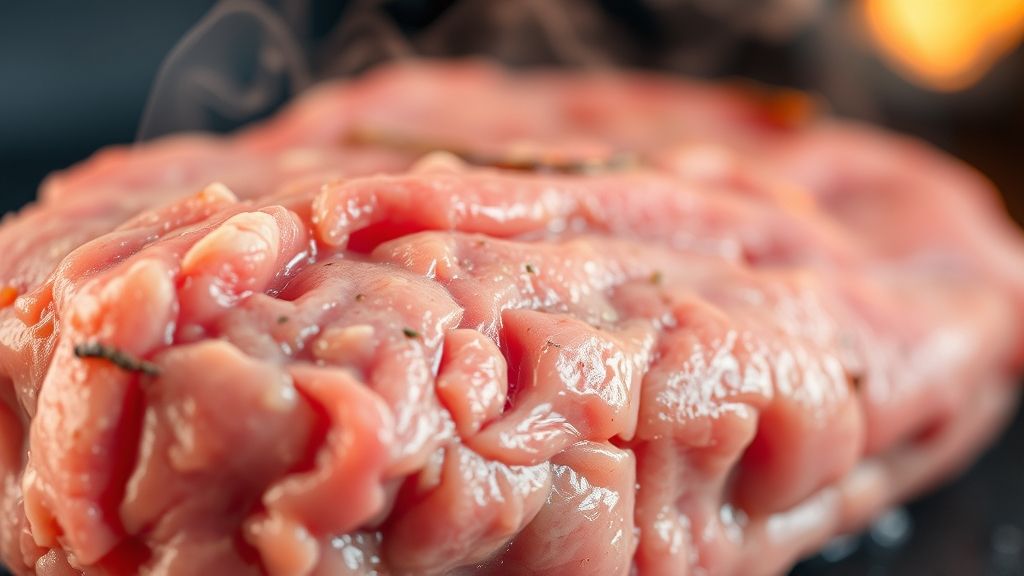 Close-up da carne já descongelada, textura intacta e fresca, pronta para cozinhar.