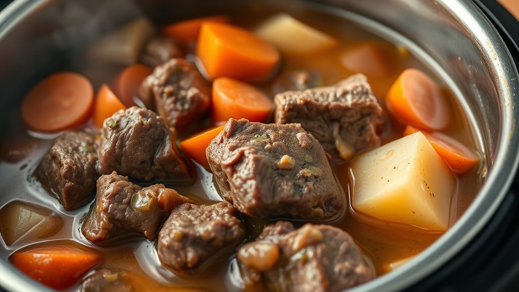 Close-up da carne ensopada com caldo fumegante e pedaços de batata, transmitindo suculência e textura.