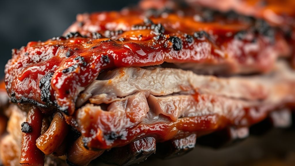 Close-up da costelinha suína assada com molho barbecue brilhante e textura dourada.