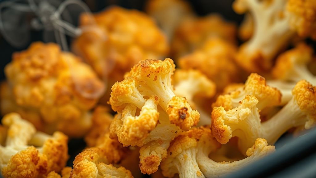 Close-up mostrando couve-flor dourada e crocante, destacando a textura irresistível