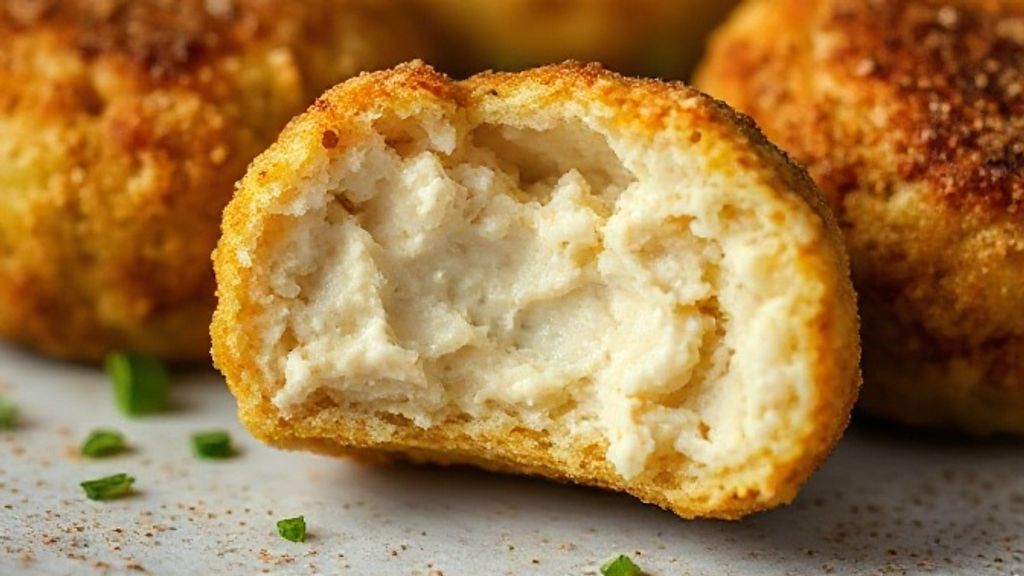 Close-up de uma coxinha aberta, mostrando a cremosidade do catupiry no recheio de frango