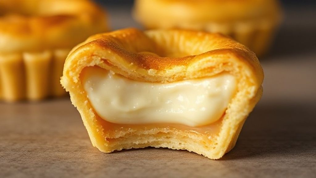 Close-up da empada doce aberta mostrando a textura cremosa do recheio de leite condensado