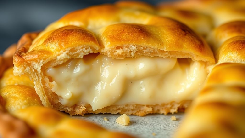 Close-up da empadinha de queijo cortada ao meio, revelando recheio cremoso e textura da massa