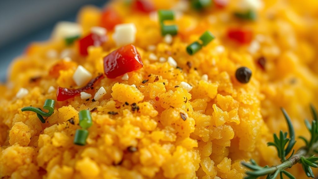 Close-up da farofa pronta servida com paio, azeitonas e salsinha, mostrando a textura crocante.