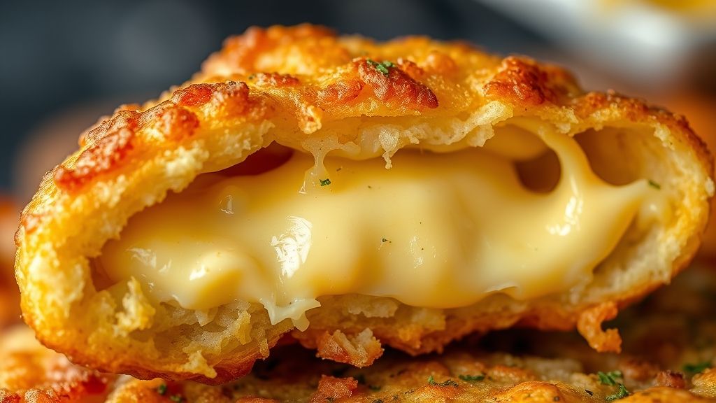 Close-up de uma fogazza crocante aberta, mostrando o queijo derretido dentro