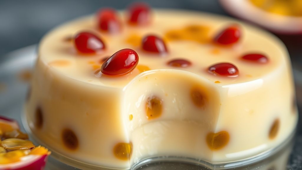 Close-up da gelatina finalizada, mostrando a textura cremosa e a calda de maracujá com sementes.