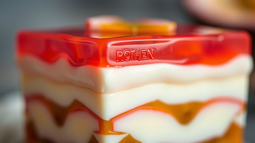 Close-up da sobremesa cortada, destacando as camadas coloridas e a textura da geleia de maracujá no topo