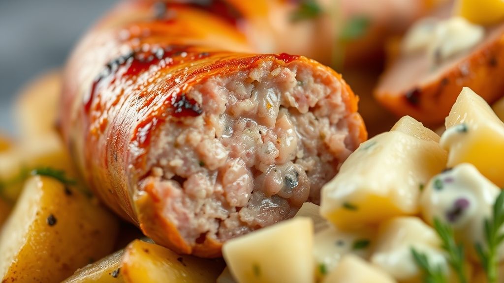 Close-up da linguiça dourada com textura crocante e batata com maionese brilhante e cremosa ao lado