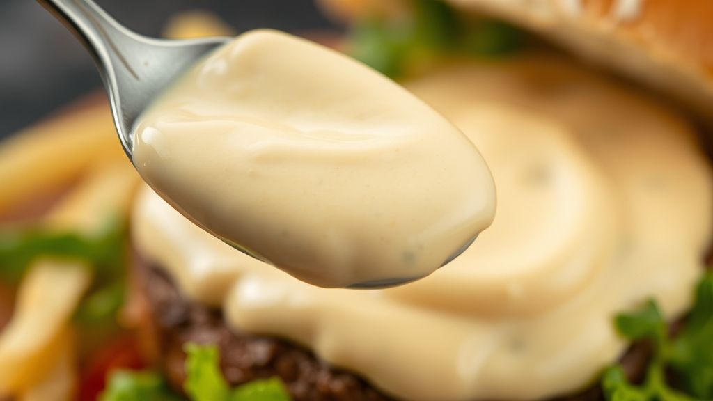 Close-up de colher cheia de maionese cremosa destacando a textura aveludada.