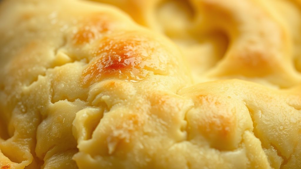 Close-up da massa crocante e dourada depois de assada, destacando a textura quebradiça