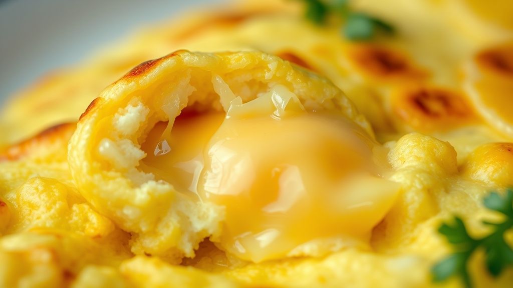 Close-up de omelete dourada mostrando textura macia e recheio derretido