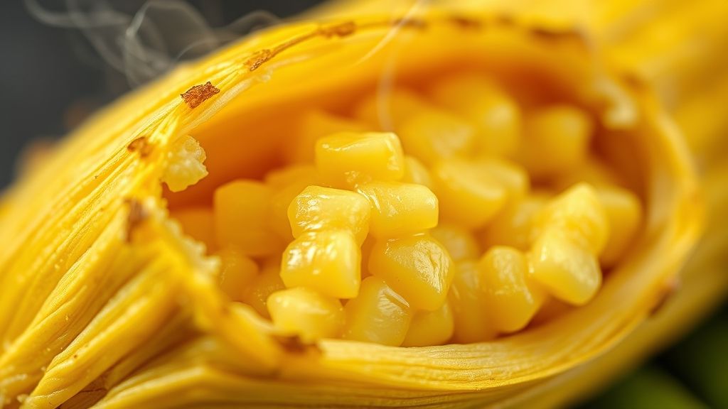 Close-up de pamonha pronta aberta na palha, textura cremosa destacada e fumegante