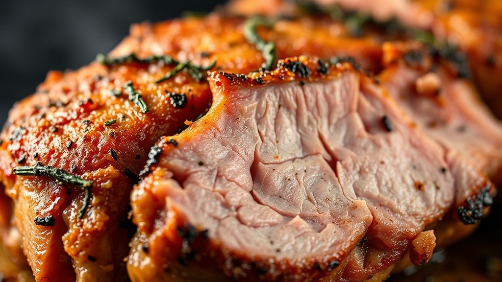 Close-up da picanha suína assada com crosta dourada e fatias suculentas.