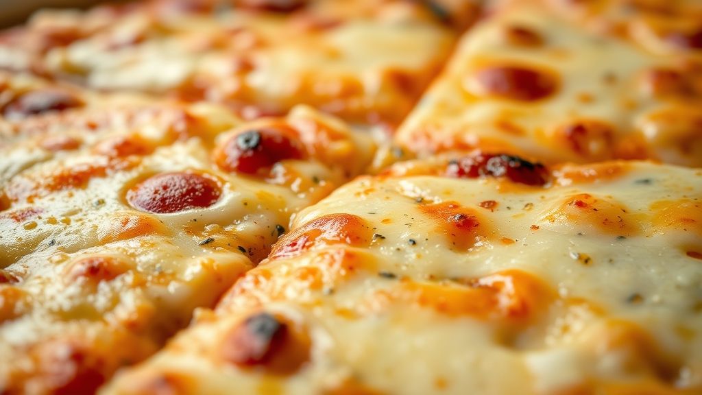 Close-up da pizza finalizada com queijo derretido e bordas douradas, destacando a textura