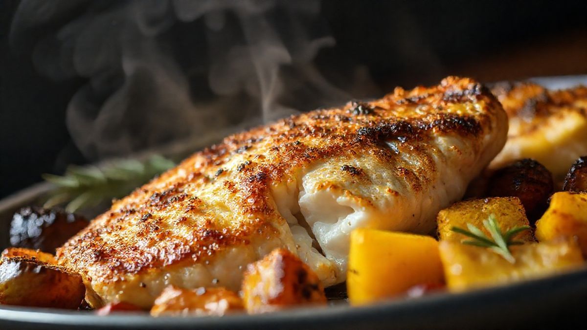 Close-up da posta de cação dourada e suculenta com legumes assados ao redor.