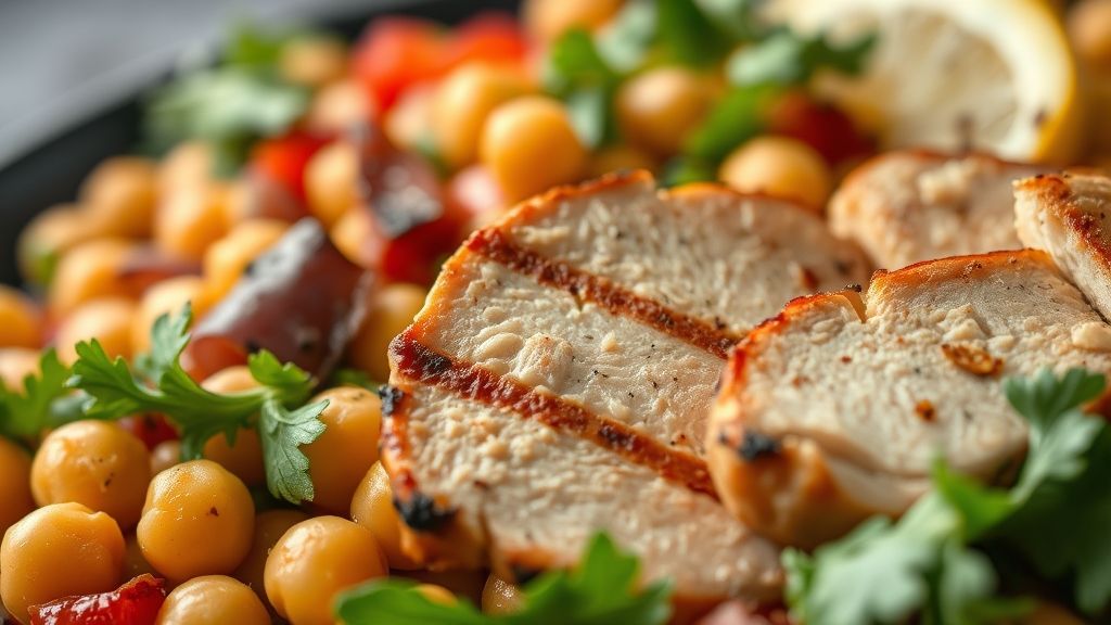 Close-up destacando os grãos, legumes coloridos e frango grelhado