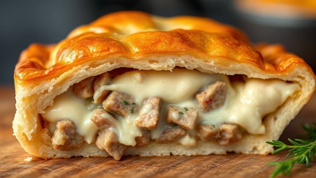 Close-up de um pedaço de torta exibindo o recheio cremoso de calabresa e requeijão derretido