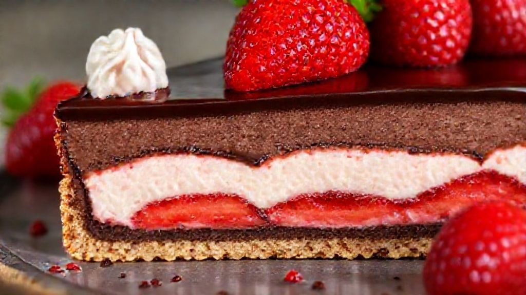 Close-up da fatia servida de torta de chocolate com morango, mostrando camadas de base, creme e ganache brilhante com frutas frescas.