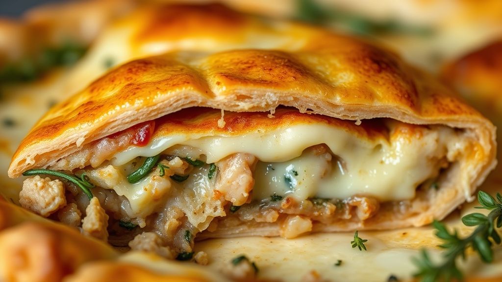 Close-up mostrando uma fatia de torta portuguesa salgada revelando camadas de ovo, presunto e queijo