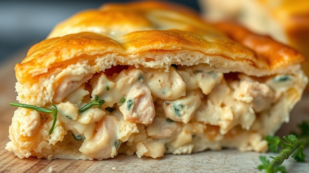 Close-up de uma fatia da torta mostrando a massa aerada e o recheio cremoso de frango.