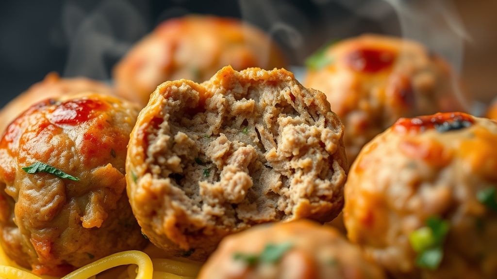 Close-up das almôndegas sem ovo já prontas, mostrando textura macia por dentro e dourada por fora.