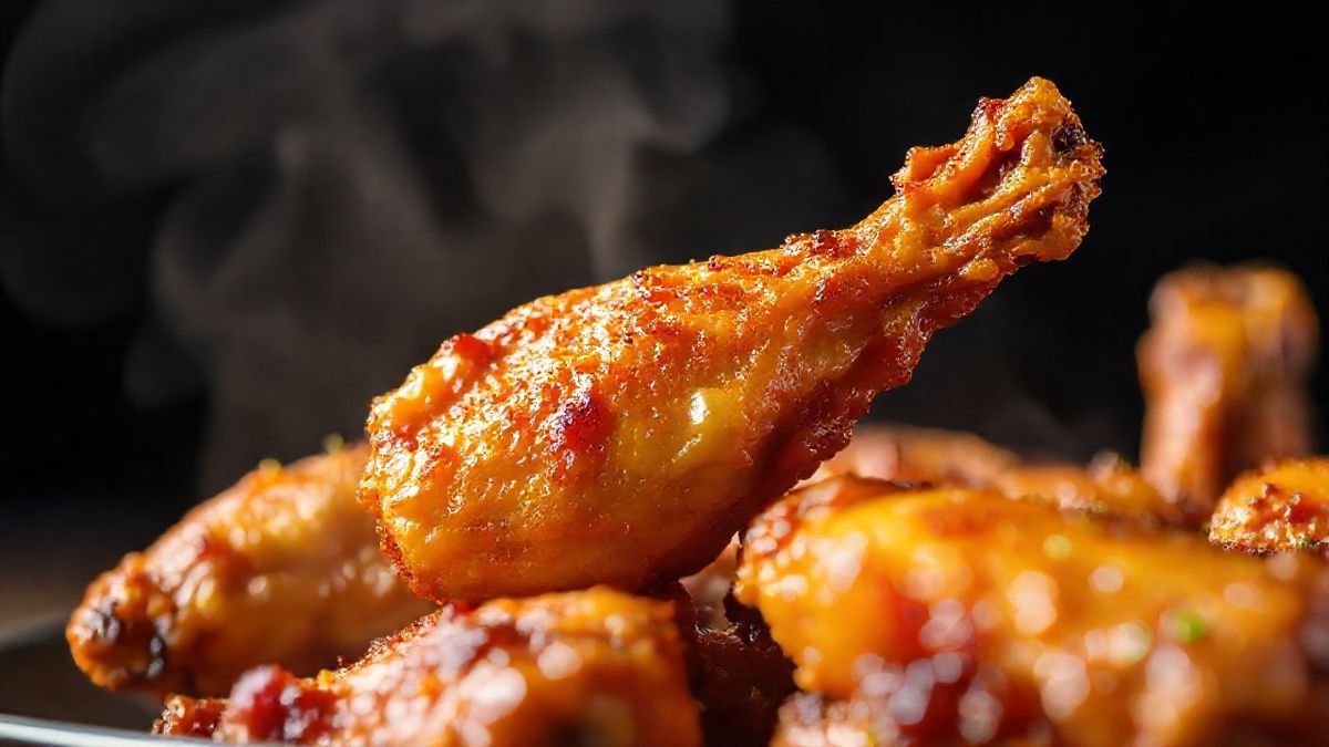 Close-up da asinha de frango assada, destacando textura dourada e suculenta.