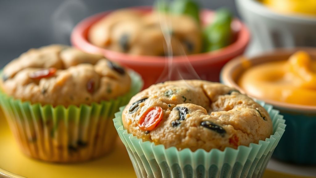 Close-up de bolinhos de legumes e purê de mandioquinha servidos em pratinhos coloridos