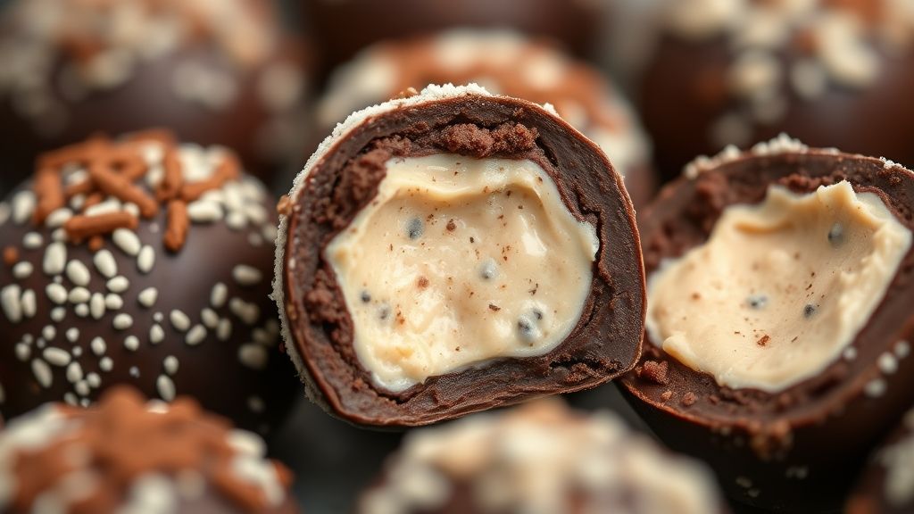 Close-up das trufas cortadas ao meio, mostrando a casquinha crocante e o recheio macio