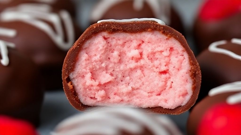 Close-up de uma trufa cortada ao meio, mostrando a casquinha crocante e o recheio cremoso.